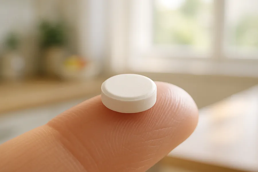A small white dissolvable tablet on a fingertip